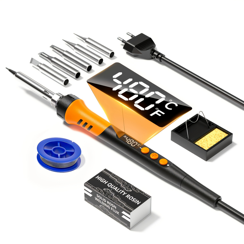 Eiropas standarta digitālais lodāmurs komplekts ar displeju, 9-1 komplekts ar 5 uzgaljiem lodēšanai un remontam (plastmasas rokturis; 220V; Lodēšanai un remontam)