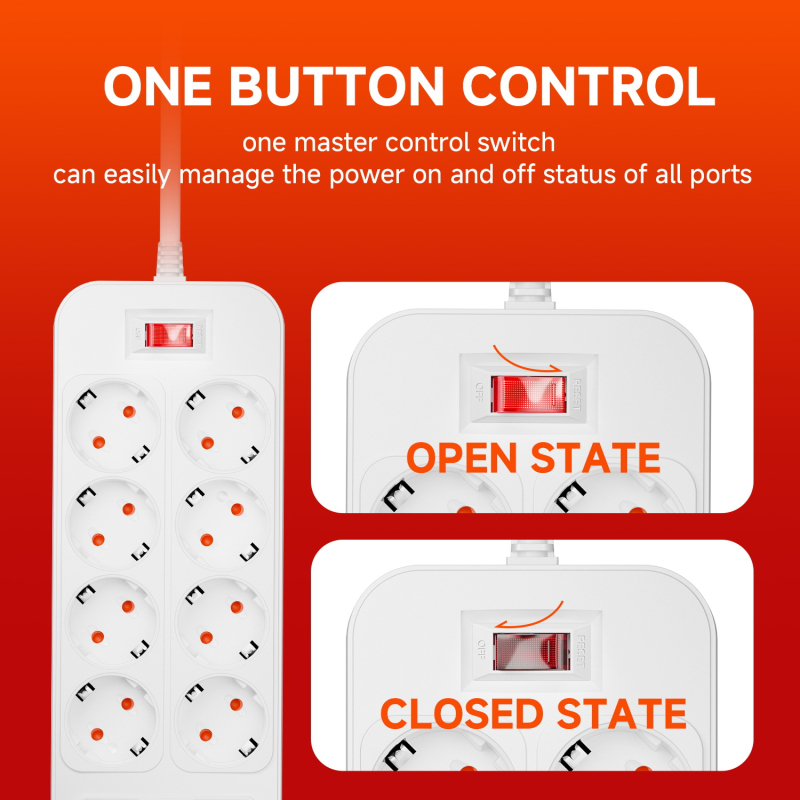 Europska standardna utičnica s 10 rupa, USB priključkom, kabelom od 1,8 m, AC100-250V