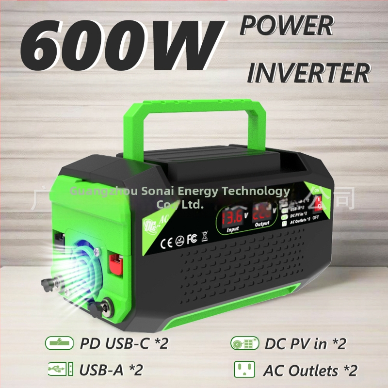 Автомобилен инвертор 600W/1000W, 12V вход, 110V/220V изход, дигитален дисплей, 2 USB порта, 2 Type-C порта, 2 универсални гнезда
