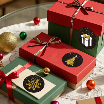 Κύκλικος μαύρος χριστουγεννιάτικος αυτοκόλλητος για συσκευασία δώρων, έγχρωμη εκτύπωση, κόλλα θερμής τήξης, υλικό κόλλας λέιζερ που δεν στεγνώνει, αντοχή 65°C, δυνατότητα προσαρμογής