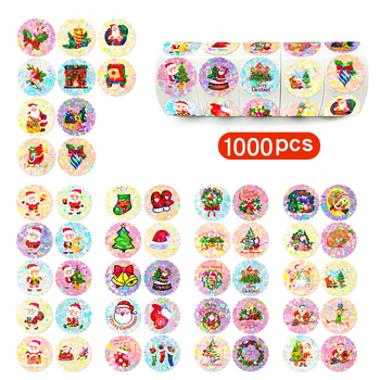 Uzlīmes - Ziemassvētku un Jaunā gada tēma, hologrāfiskas apaļas pašlīmējošas uzlīmes, 1000 gab./5 ruļļi, balts fons