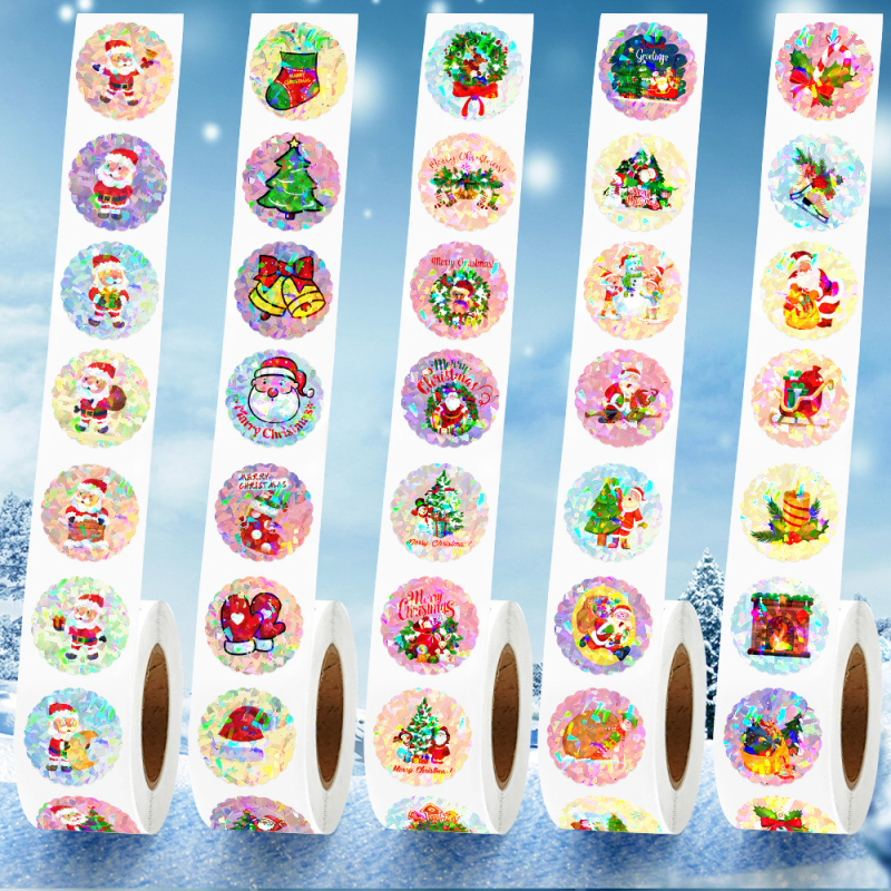 Uzlīmes - Ziemassvētku un Jaunā gada tēma, hologrāfiskas apaļas pašlīmējošas uzlīmes, 1000 gab./5 ruļļi, balts fons