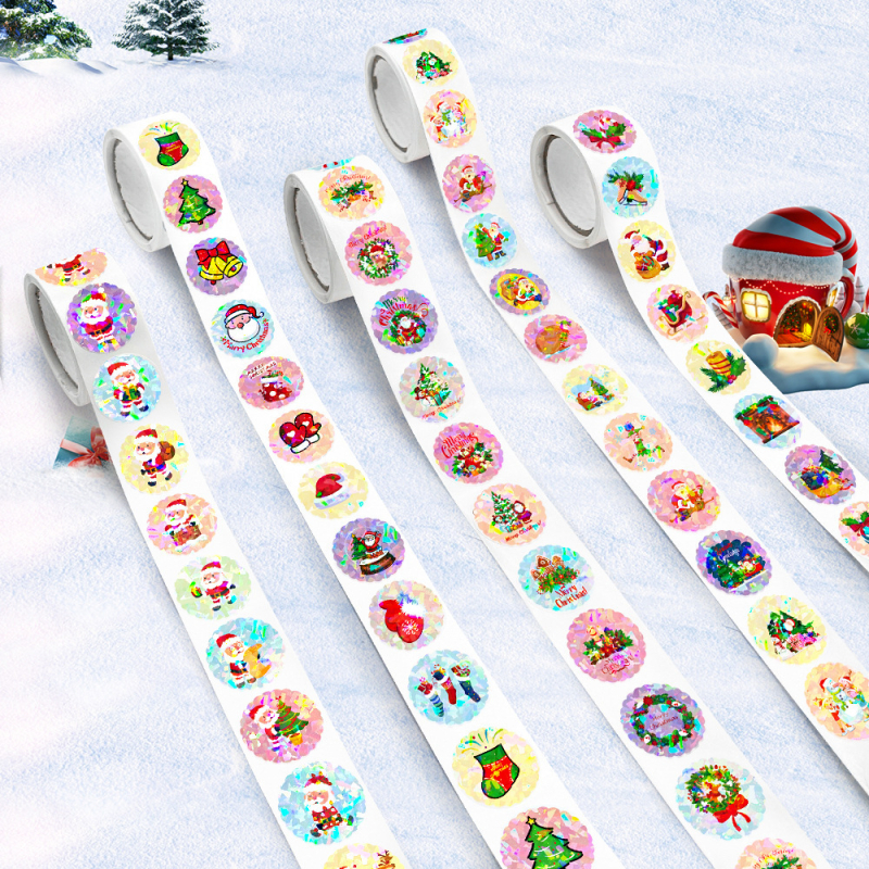 Uzlīmes - Ziemassvētku un Jaunā gada tēma, hologrāfiskas apaļas pašlīmējošas uzlīmes, 1000 gab./5 ruļļi, balts fons