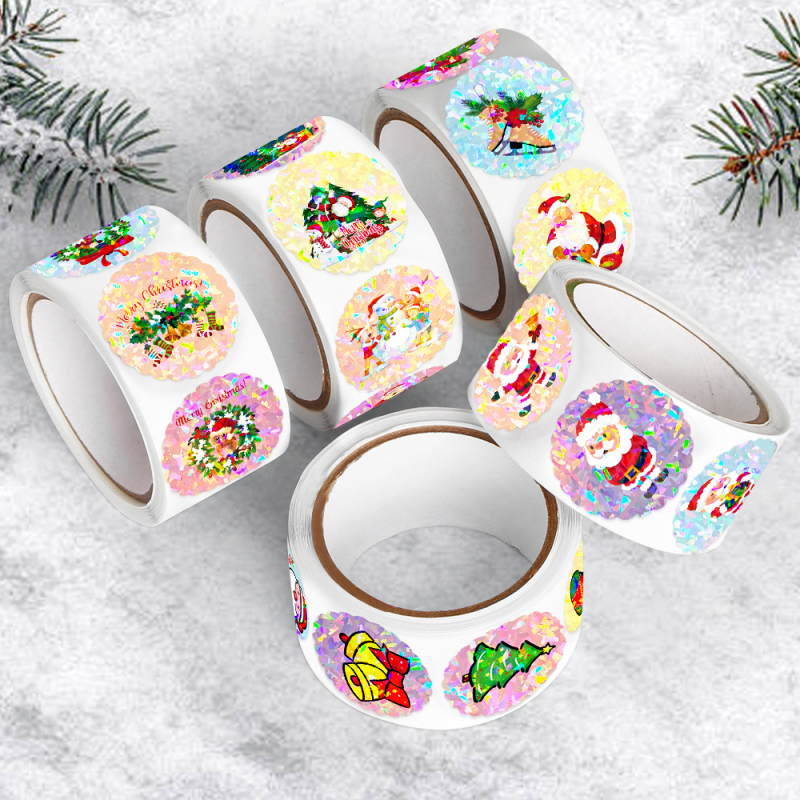 Uzlīmes - Ziemassvētku un Jaunā gada tēma, hologrāfiskas apaļas pašlīmējošas uzlīmes, 1000 gab./5 ruļļi, balts fons