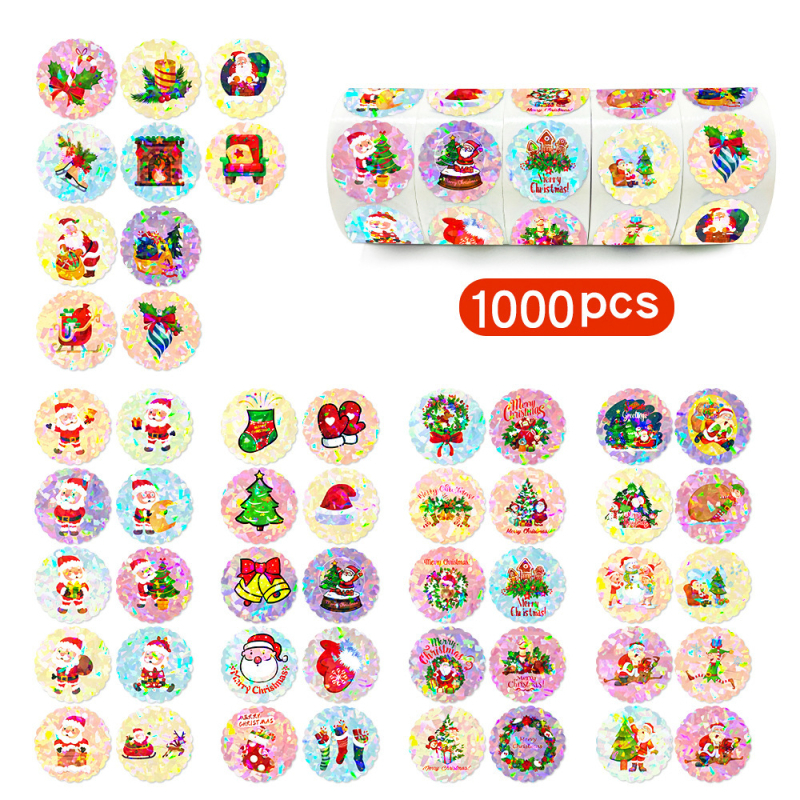 Uzlīmes - Ziemassvētku un Jaunā gada tēma, hologrāfiskas apaļas pašlīmējošas uzlīmes, 1000 gab./5 ruļļi, balts fons