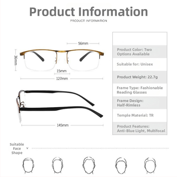 Γυαλιά ανάγνωσης με φακούς ρητίνης, μεταλλικό ημί-πλαίσιο, τετράγωνο σχέδιο
