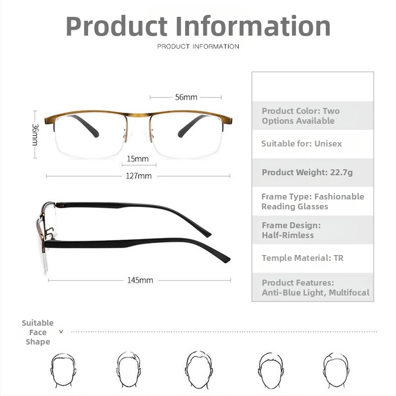 Čítacie okuliare s šošovkami z živice, kovový rám s polovičným rámom, štvorcový dizajn