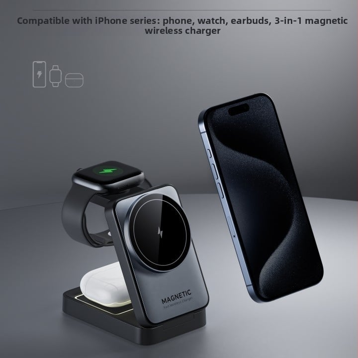 3-σε-1 Ασύρματος φορτιστής για κινητά, ακουστικά και ρολόγια — Μέγιστη ισχύς 23W, PD, μαγνητική φόρτιση, πτυσσόμενος σχεδιασμός, έξοδος 3A