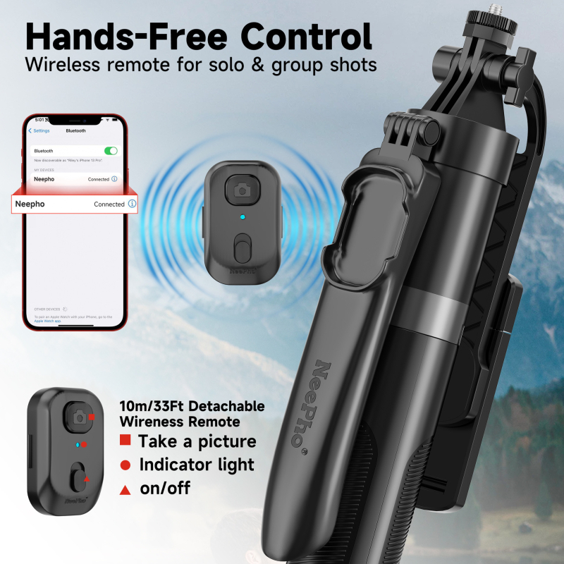 Neepho NP-Z12 Universalis Selfie Στικ Τρίποδο με Ασύρματο, Αλουμινίου Κράμα, 360° Κλιπ Τηλεφώνου, Φως Γέμωσης, Bluetooth