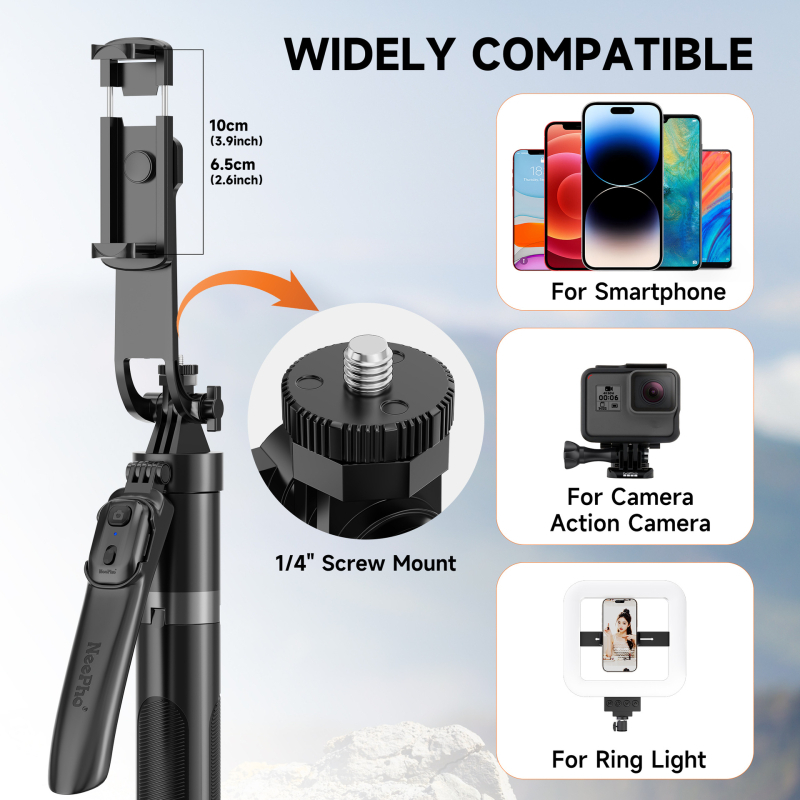 Neepho NP-Z12 Universalis Selfie Στικ Τρίποδο με Ασύρματο, Αλουμινίου Κράμα, 360° Κλιπ Τηλεφώνου, Φως Γέμωσης, Bluetooth