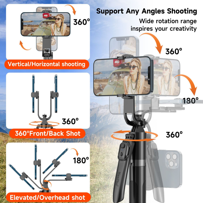 Neepho NP-Z12 Universalis Selfie Στικ Τρίποδο με Ασύρματο, Αλουμινίου Κράμα, 360° Κλιπ Τηλεφώνου, Φως Γέμωσης, Bluetooth