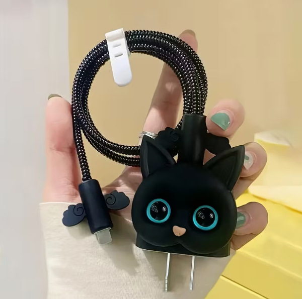 Θήκη προστασίας καλωδίου φορτιστή με μοτίβο γατάκι — καρτούν στυλ, υλικό ρητίνης ημι-μαλακό, συμβατό με βύσμα Apple 20W