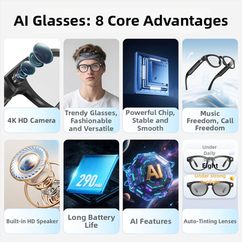 Έξυπνα γυαλιά με κάμερα 8 MP, εσωτερική μνήμη 4 GB, ζωντανή μετάφραση AI, φοριούνται στο κεφάλι, συμβατά με Android και iOS