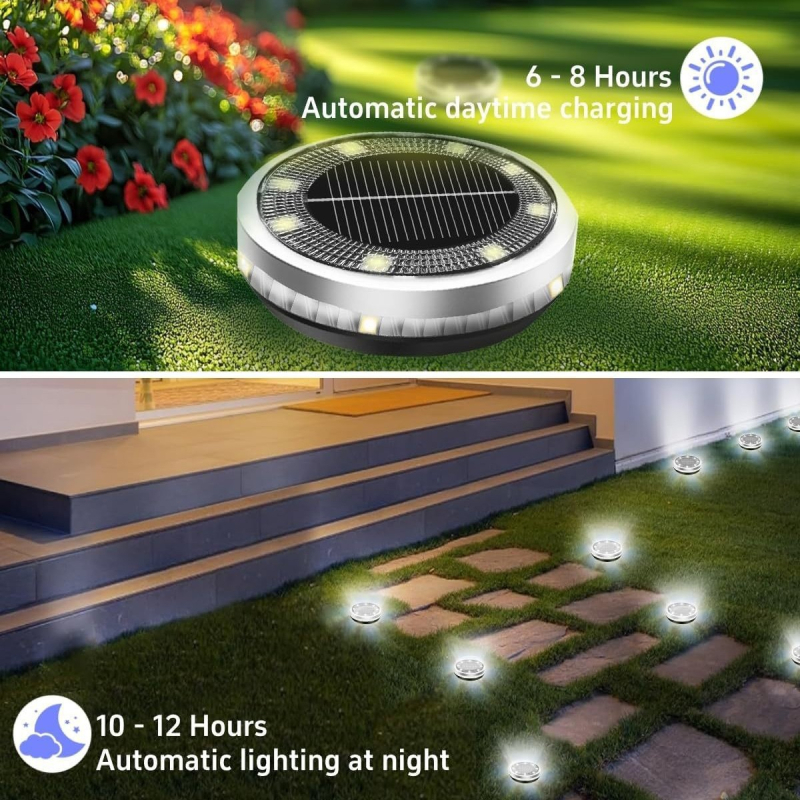 Saulės energijos požeminis apskritas kiemo šviestuvas su šoniniu apšvietimu, SMD2835 0,5W 1,2V, 16–24 val. veikimo laikas, indukcinis jungiklis