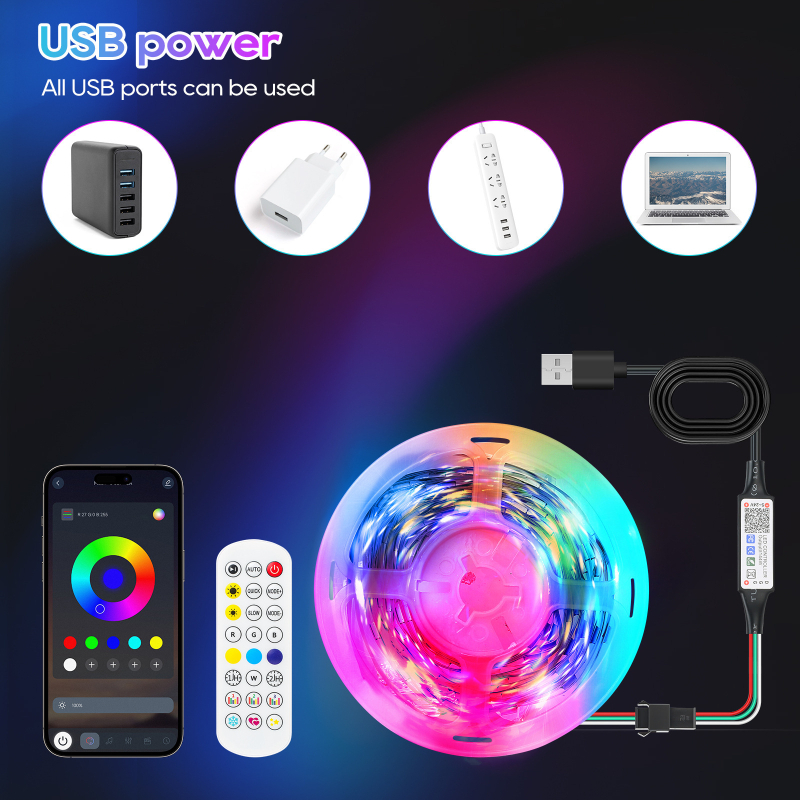 RGB LED лента 5V, 30 светодиода/м, 5050, дистанционно + приложение за управление, регулиране на яркостта
