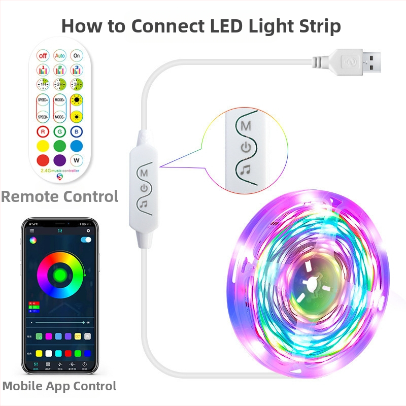 RGB LED лента 5V, 30 светодиода/м, 5050, дистанционно + приложение за управление, регулиране на яркостта