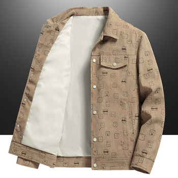 Corduroy spausdinta vyriška striukė, apykaklė lapel, laisvas kirpimas, vienos eilės užsegimas, ilgos rankovės