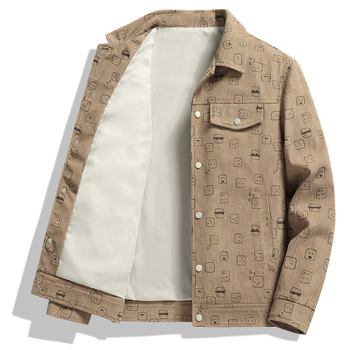 Corduroy spausdinta vyriška striukė, apykaklė lapel, laisvas kirpimas, vienos eilės užsegimas, ilgos rankovės