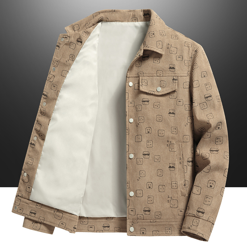 Ανδρικό μπουφάν από corduroy με εκτύπωση, γιακά τύπου lapel, χαλαρή γραμμή, μονό μπροστά, μακριά μανίκια