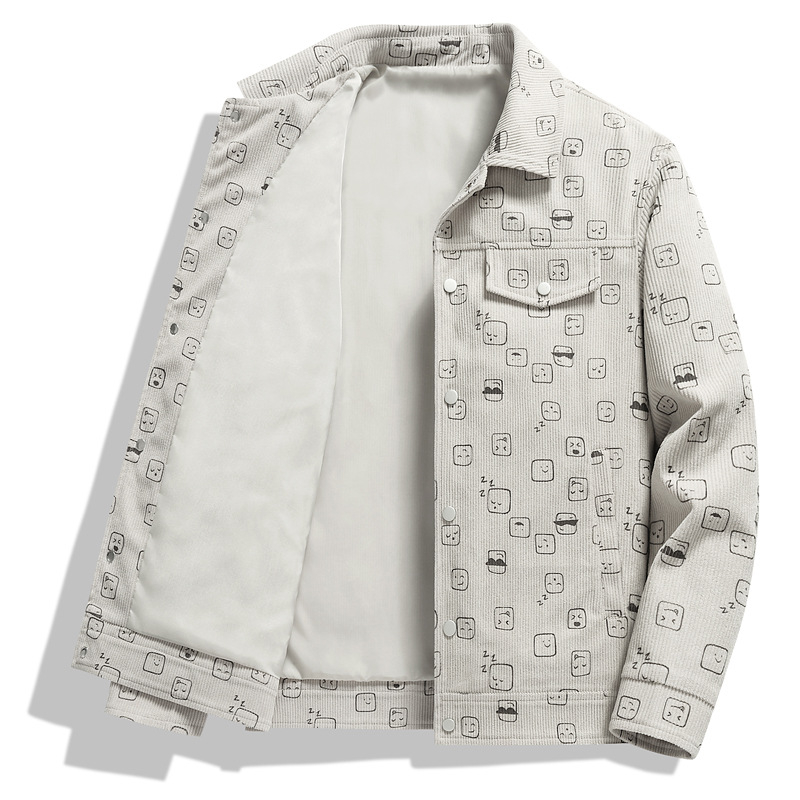 Corduroy spausdinta vyriška striukė, apykaklė lapel, laisvas kirpimas, vienos eilės užsegimas, ilgos rankovės