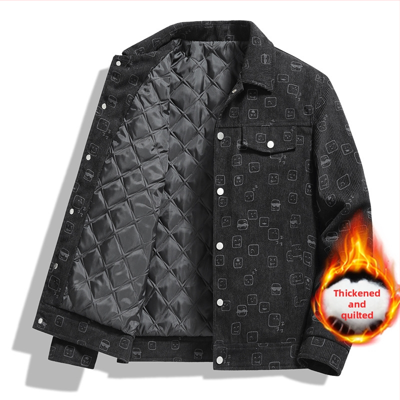 Corduroy spausdinta vyriška striukė, apykaklė lapel, laisvas kirpimas, vienos eilės užsegimas, ilgos rankovės