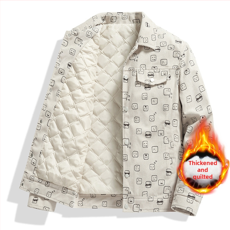 Corduroy spausdinta vyriška striukė, apykaklė lapel, laisvas kirpimas, vienos eilės užsegimas, ilgos rankovės