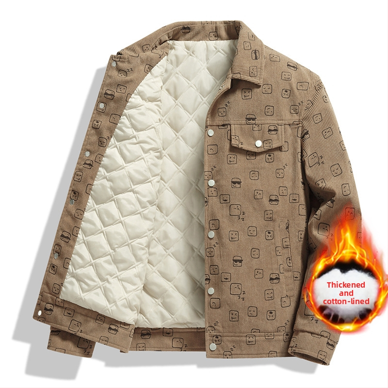 Corduroy spausdinta vyriška striukė, apykaklė lapel, laisvas kirpimas, vienos eilės užsegimas, ilgos rankovės