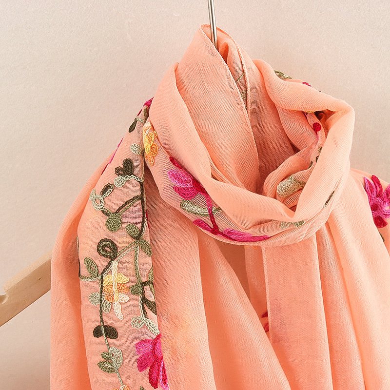 Șal brodat din bumbac-lin cu fibre de cânepă, țesătură twill, stil boem etnic, primăvară