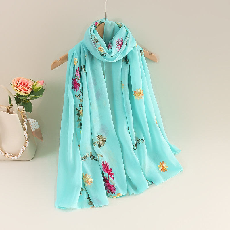 Siuvinėtas šalikėlis iš medvilnės ir lino su kanapių pluoštu, twill audinys, bohemiškas etninio stiliaus, pavasaris