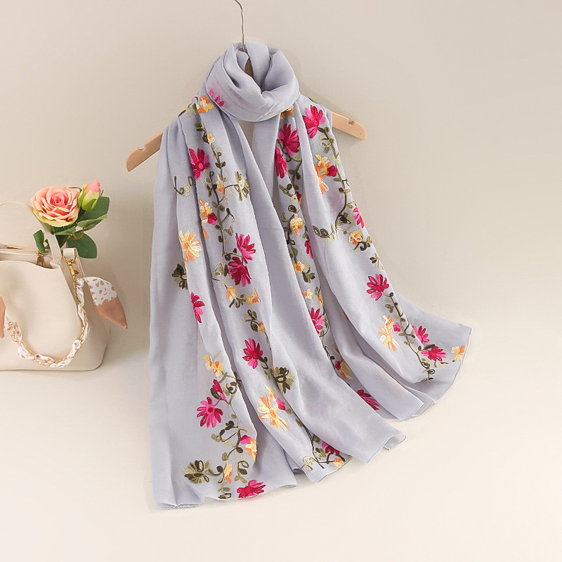 Siuvinėtas šalikėlis iš medvilnės ir lino su kanapių pluoštu, twill audinys, bohemiškas etninio stiliaus, pavasaris