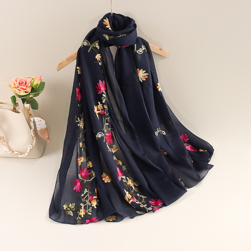 Siuvinėtas šalikėlis iš medvilnės ir lino su kanapių pluoštu, twill audinys, bohemiškas etninio stiliaus, pavasaris