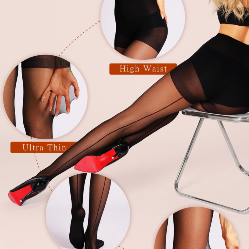 Colanți 5D retro linii verticale, fără cusături, fini, din fire core-spun de nailon, 80–90% nailon