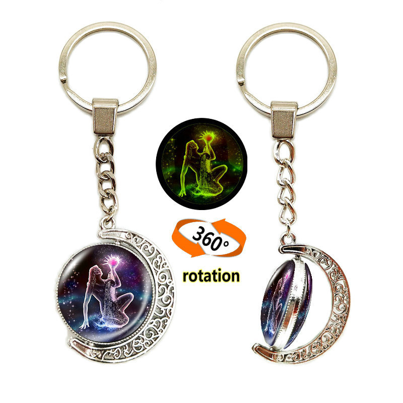 Κλειδοθήκη με μοτίβο Ωροσκόπιο/Ζώδια, Σεληνιακό φεγγάρι, Μέταλλο, Ηλεκτροπλατίωση, Διπλής όψης γυάλινο περιστρεφόμενο φεγγάρι