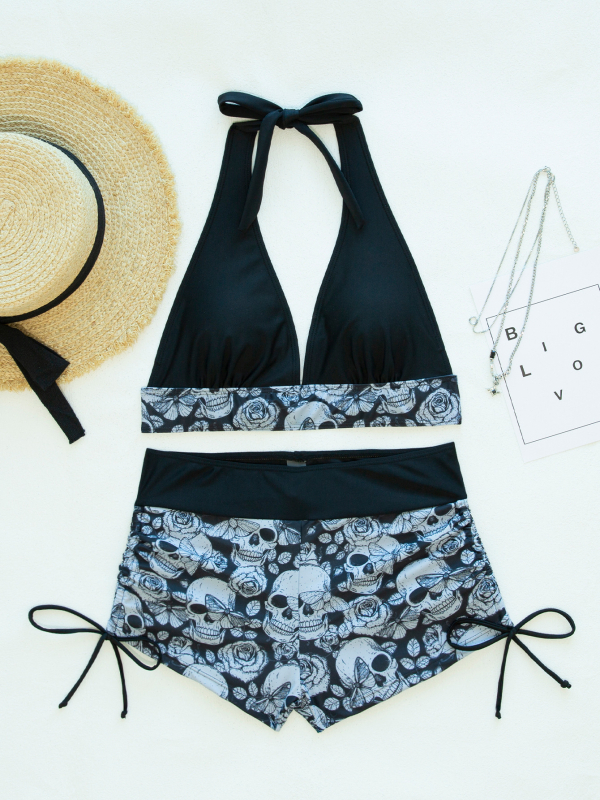 Μπικίνι με print κρανίου, χωρίς μανίκια, επένδυση στο στήθος, χωρίς ενίσχυση, 82% νάιλον