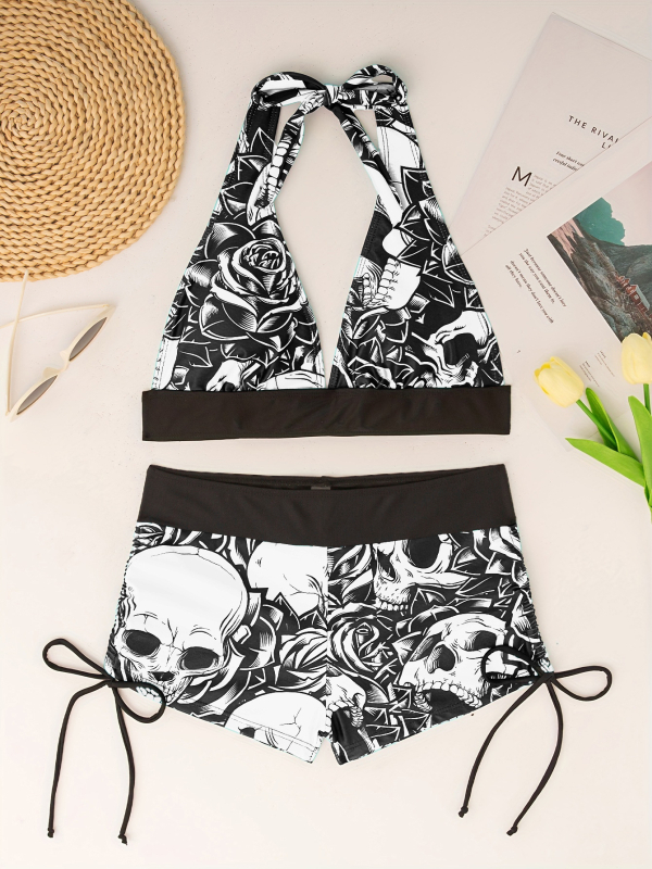 Μπικίνι με print κρανίου, χωρίς μανίκια, επένδυση στο στήθος, χωρίς ενίσχυση, 82% νάιλον
