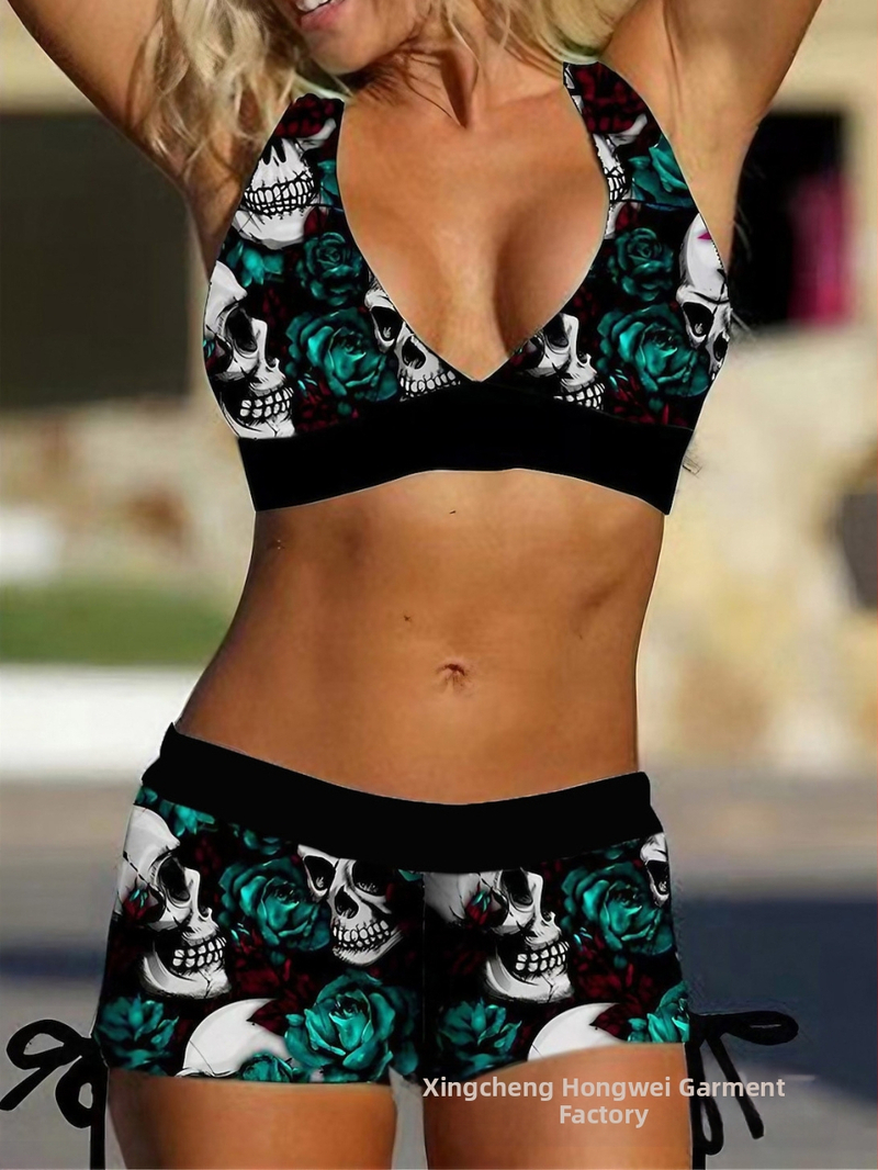 Μπικίνι με print κρανίου, χωρίς μανίκια, επένδυση στο στήθος, χωρίς ενίσχυση, 82% νάιλον