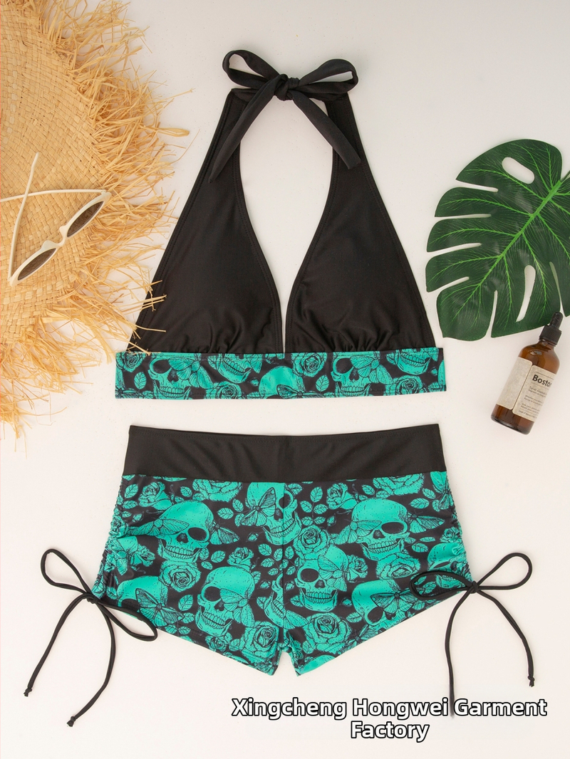 Μπικίνι με print κρανίου, χωρίς μανίκια, επένδυση στο στήθος, χωρίς ενίσχυση, 82% νάιλον
