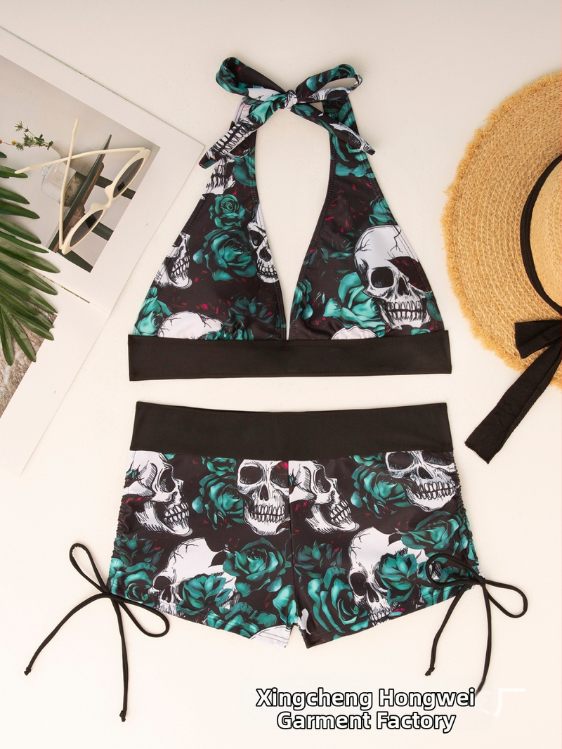 Μπικίνι με print κρανίου, χωρίς μανίκια, επένδυση στο στήθος, χωρίς ενίσχυση, 82% νάιλον