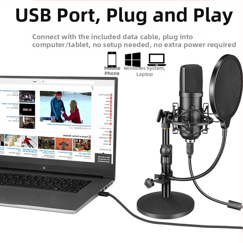 BM-800USB USB компютърен микрофон за запис с кардиоиден патерн, USB връзка, 20Hz-20kHz, SNR ≥70dB, алуминиев корпус