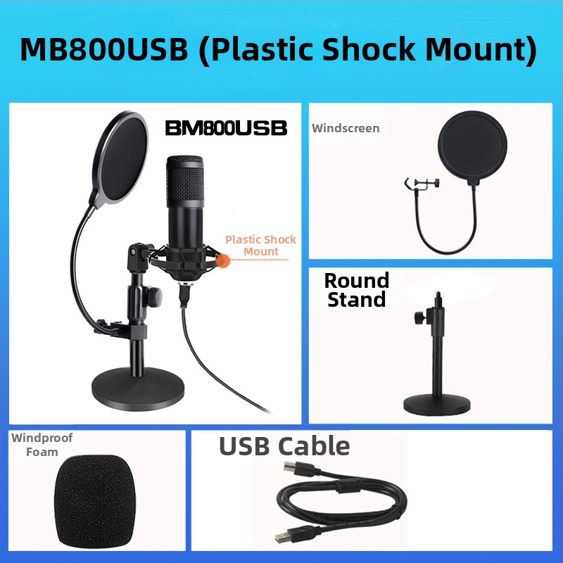 BM-800USB Μικρόφωνο USB για υπολογιστή με καρδιοειδές μοτίβο, εύρος συχνοτήτων 20Hz-20kHz, SNR ≥70dB, αλουμινένιο περίβλημα