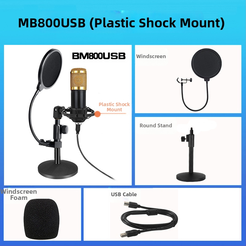 BM-800USB Μικρόφωνο USB για υπολογιστή με καρδιοειδές μοτίβο, εύρος συχνοτήτων 20Hz-20kHz, SNR ≥70dB, αλουμινένιο περίβλημα