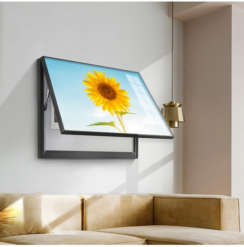 Διακοσμητική εικόνα με ηλιοτρόπια για ηλεκτρικό μετρητή — μοντέρνος μινιμαλιστικός τοίχος με μεταλλικό πλαίσιο