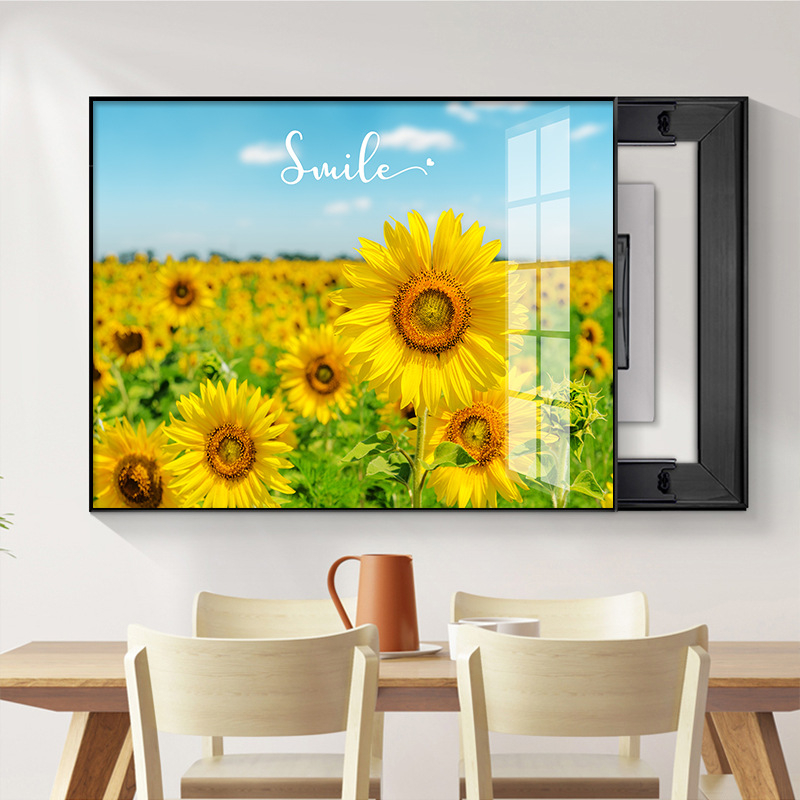 Διακοσμητική εικόνα με ηλιοτρόπια για ηλεκτρικό μετρητή — μοντέρνος μινιμαλιστικός τοίχος με μεταλλικό πλαίσιο