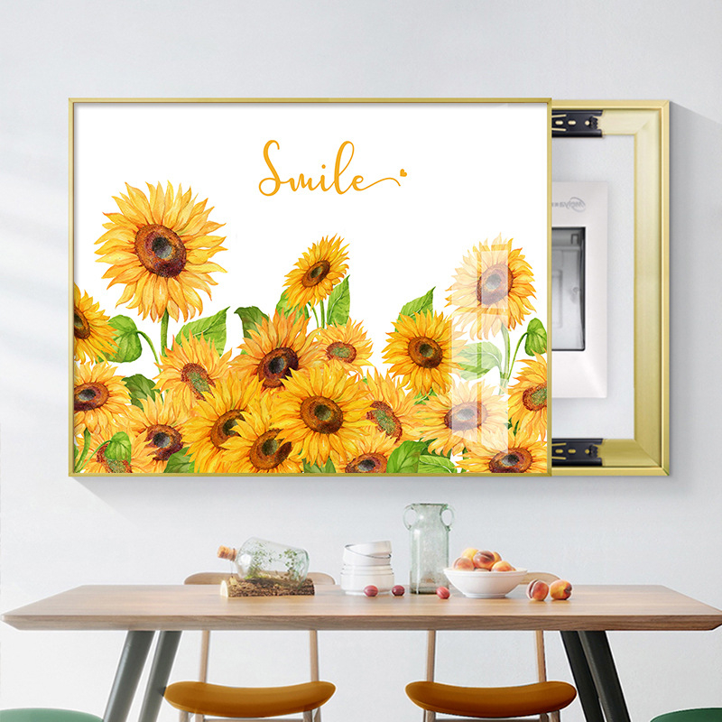 Διακοσμητική εικόνα με ηλιοτρόπια για ηλεκτρικό μετρητή — μοντέρνος μινιμαλιστικός τοίχος με μεταλλικό πλαίσιο