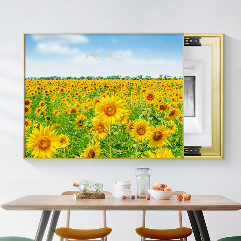 Διακοσμητική εικόνα με ηλιοτρόπια για ηλεκτρικό μετρητή — μοντέρνος μινιμαλιστικός τοίχος με μεταλλικό πλαίσιο