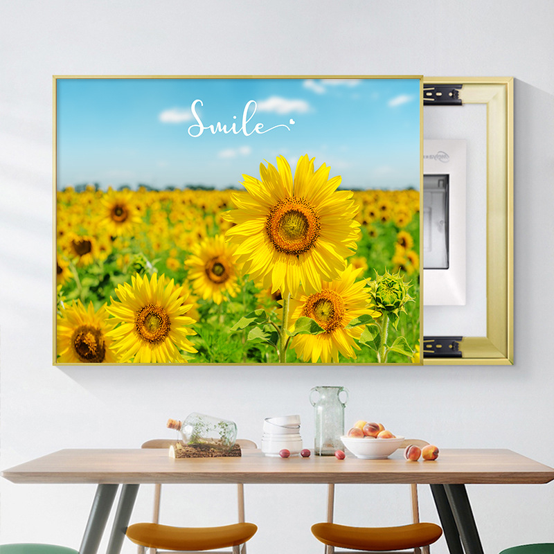 Διακοσμητική εικόνα με ηλιοτρόπια για ηλεκτρικό μετρητή — μοντέρνος μινιμαλιστικός τοίχος με μεταλλικό πλαίσιο