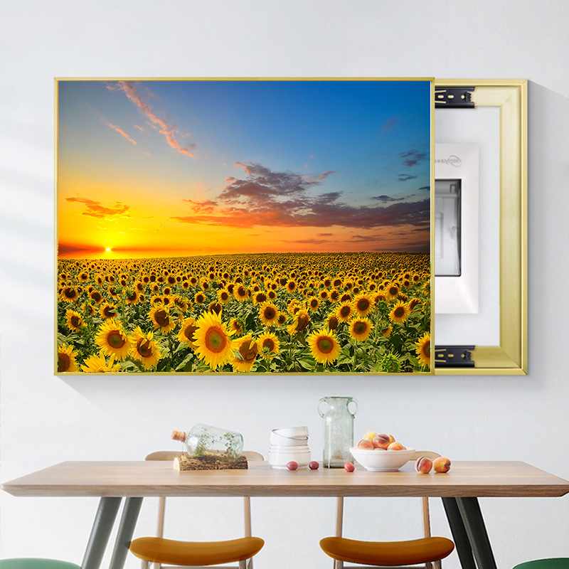 Διακοσμητική εικόνα με ηλιοτρόπια για ηλεκτρικό μετρητή — μοντέρνος μινιμαλιστικός τοίχος με μεταλλικό πλαίσιο