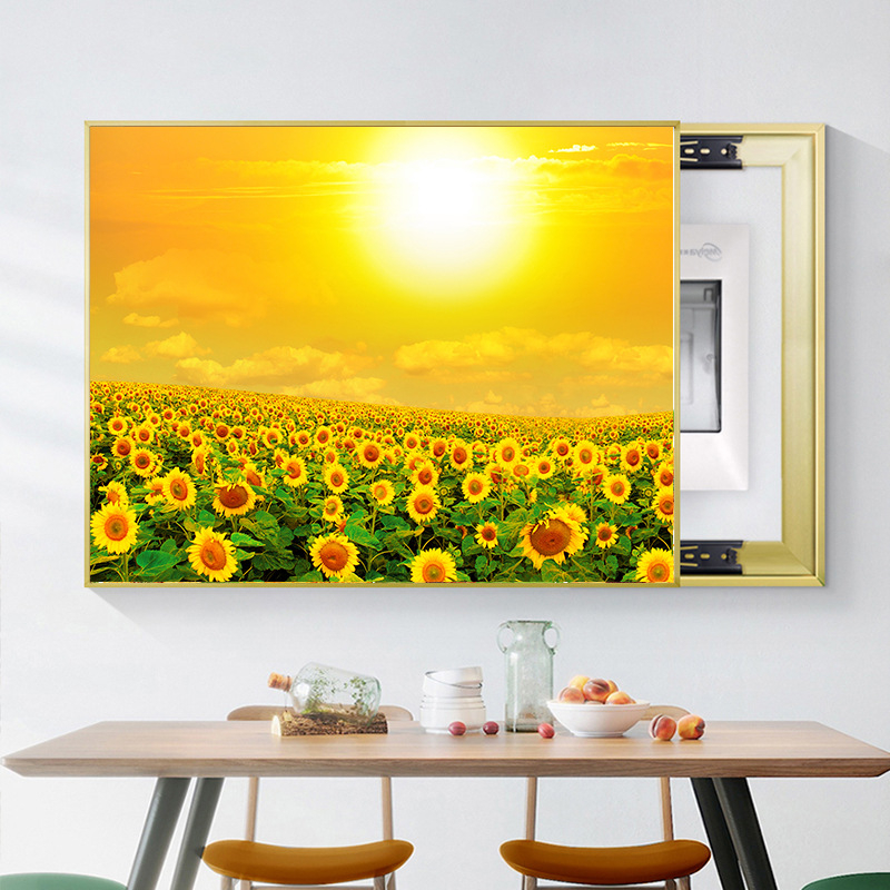 Διακοσμητική εικόνα με ηλιοτρόπια για ηλεκτρικό μετρητή — μοντέρνος μινιμαλιστικός τοίχος με μεταλλικό πλαίσιο