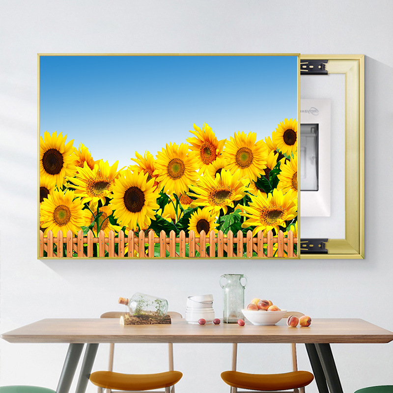 Διακοσμητική εικόνα με ηλιοτρόπια για ηλεκτρικό μετρητή — μοντέρνος μινιμαλιστικός τοίχος με μεταλλικό πλαίσιο