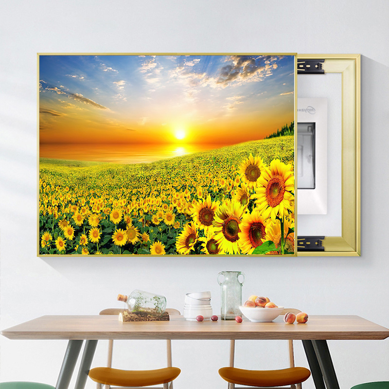 Διακοσμητική εικόνα με ηλιοτρόπια για ηλεκτρικό μετρητή — μοντέρνος μινιμαλιστικός τοίχος με μεταλλικό πλαίσιο